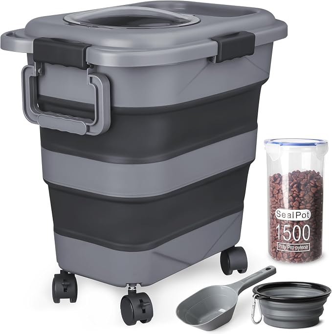 Dog Food Storage Container，23-25 lbs Airtight Collapsible Cat Food Storage Container with Attachable Wheels, Portable Handle, Dog Food Scoop for Dog Cat Bird Pet Dry Food Storage Bin Dark Grey by TIOVERY