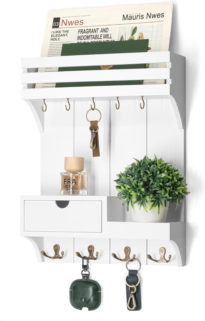 Rebee Vision Key Holder Wall Mount with Drawer & Shelf for Entryway, White | Sturdy Wood, Key Holder for Wall, 9 Sturdy Key Hooks, Wall Shelf, Drawer Organizer, Modern Home Decor, Decorative Storage by REBEEVISION