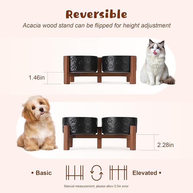 SPUNKYJUNKY Ceramic Elevated Dog Bowl Set with Acacia Wood Stand for Food and Water for Cats and Small Dogs (13.52 OZ, Black, Dog Paw Pattern) - Image 3