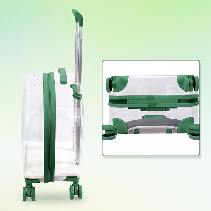 Pet Carrier with Wheels - Transparent PC Material, Sturdy and Breathable Design, Convenient Handle, Suitable for Cats and Dogs (Green)