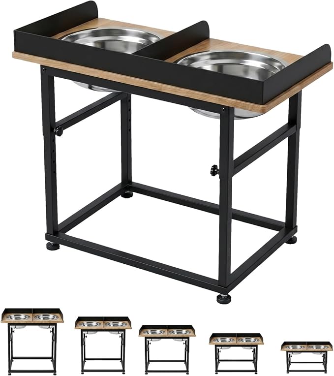 Wooden Elevated Dog Bowls, 5 Heights Adjustable 16.1-21.7" for Large Senior Dogs, Splash-Proof Guard Sturdy Iron Base,2×4L 304 Stainless Steel Bowls, Reduces Joint Pain, Non-Slip Feet by Tatota