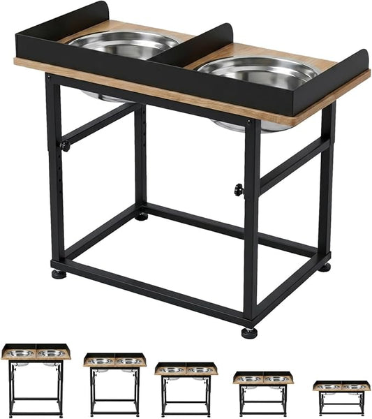 Wooden Elevated Dog Bowls, 5 Heights Adjustable 16.1-21.7" for Large Senior Dogs, Splash-Proof Guard Sturdy Iron Base,2×4L 304 Stainless Steel Bowls, Reduces Joint Pain, Non-Slip Feet by Tatota