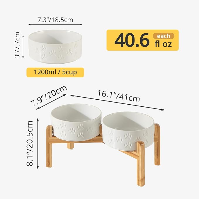 Elevated Ceramic Dog Bowl Set, Anti-Skid Bamboo Stand, White, 7.3 inch | Food and Water Bowls with Fixed Non-Slip Rubber Ring, Microwave Safe, Easy to Clean, 5 Cup per Bowl, for Medium Sized Dogs - Image 3