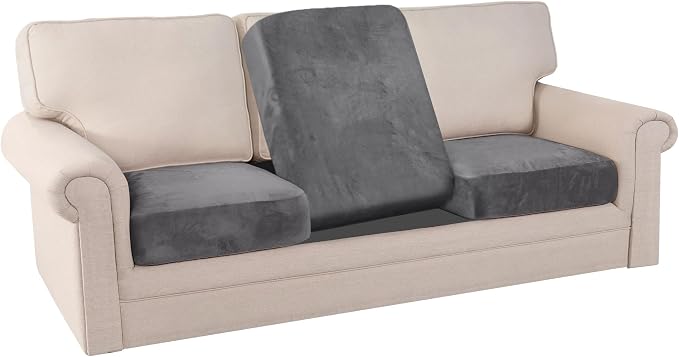 PrinceDeco Stretch Sofa Cushion Covers for Couches and Sofas,Soft Velvet Couch Seat Covers, Sofa Covers Washable, Seat Cushion Cover for 3 Couch Sofa Pet Friendly - Grey, Each Width Up to 29.5" - Image 8