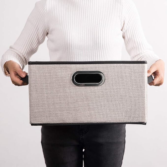 PRANDOM Large Fodable Storage Bins for Closet [3-pack] Decorative Linen Fabric Storage Bins Cubes with Leather/Metal Handles for Shelves Bedroom Living Room Light Grey (14.9x9.8x8.3 Inch) - Image 7