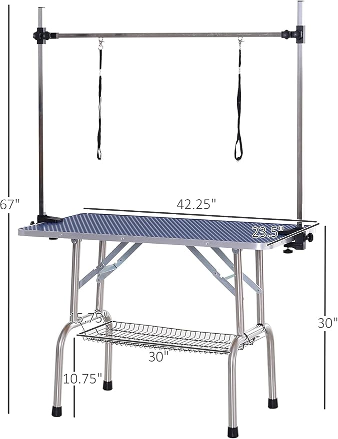 42" Dog Grooming Table Foldable Pet Grooming Tables with Adjustable Arm Noose Storage Mesh Tray Maximum Capacity Up to 330lbs Blue - Image 2