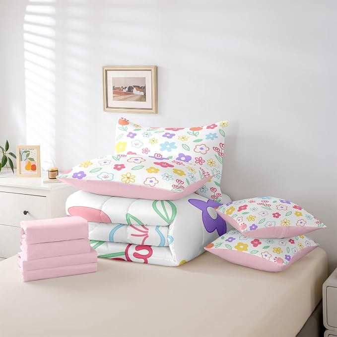 Feelyou Cute Flower 7 Piece Bedding Set Colorful Floral Comforter Set with Sheets for Kids Boys Girls Cartoon Hand-Drawn Bed in a Bag Botanical Decor Bed Set Soft Lightweight - Image 5