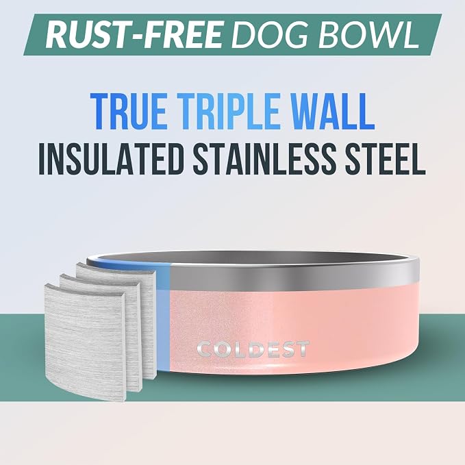 Coldest Dog Bowl - Anti Rust Metal, Non Slip, 3 Layers Insulated Stainless Steel Dog Bowls - Spill Proof & Heavy Duty - Water Bowl for Dogs, Cats & Pets, Dish Washer Safe (42 oz, Forever Pink Glitter) - Image 3