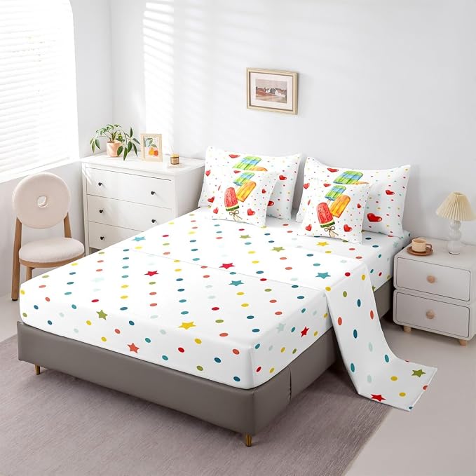 Erosebridal Colorful Polka Dots Bed in A Bag King, Summer Ice Cream and Popsicle Comforter Set with Sheets, Love Heart 7 Pcs Bedding Set, Summer Decor Bed Sets for Kids Boys Girls Teens Bedroom - Image 4