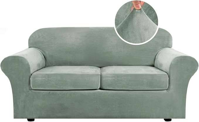 H.VERSAILTEX Real Velvet Plush 3 Piece Stretch Sofa Covers Couch Covers for 2 Cushion Couch Sofa Slipcovers Width Up to 90 Inch Thick Soft Stay in Place (Large Sofa, Sea Grass) by HVERSAILTEX