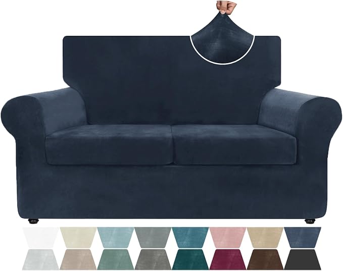ZNSAYOTX Luxury Velvet Sofa Cover 3 Piece (57"-70") Stretch Loveseat Covers for 2 Cushion Couch Thick Soft Couch Slipcover with Non Slip Strap, Dog Pet Friendly Nice Furniture Protector (Navy Blue) by ZNSAYOTX