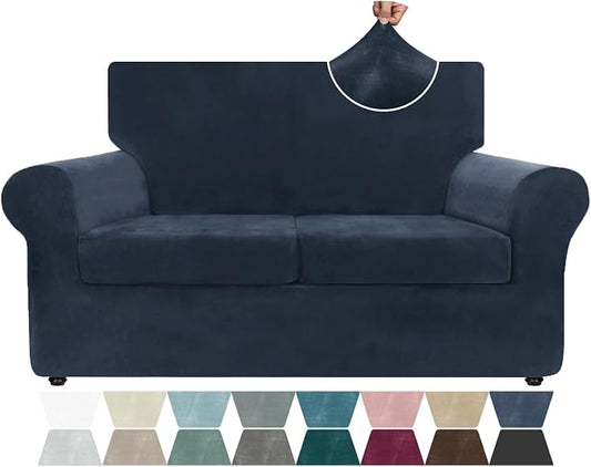 ZNSAYOTX Luxury Velvet Sofa Cover 3 Piece (57"-70") Stretch Loveseat Covers for 2 Cushion Couch Thick Soft Couch Slipcover with Non Slip Strap, Dog Pet Friendly Nice Furniture Protector (Navy Blue) by ZNSAYOTX