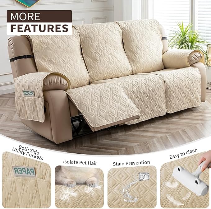 Genina Waterproof Recliner Cover - 3 Seater Non-Slip, Washable Sofa Covers for Recliner Couch, Furniture Protector for Dogs & Kids (Beige, Recliner) - Image 3