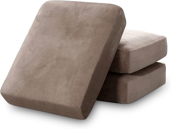 PrinceDeco Velvet Stretch Couch Cushion Cover Soft Cushion Slipcover for Chair Loveseat Sofa Furniture Protector Seat Cushion Sofa Cover (Each Width Up to 29.5", Taupe) by PrinceDeco
