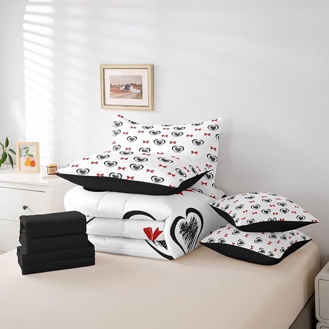 Erosebridal 7 Piece Heart Pattern Queen Bedding Set,Kawaii Red Bowknot Kids Comforter Set for Girls Boys,Valentine Day Love Heart Shaped Bed in a Bag,Geometric Bow Flat Fitted Sheet,Black Red - Image 6