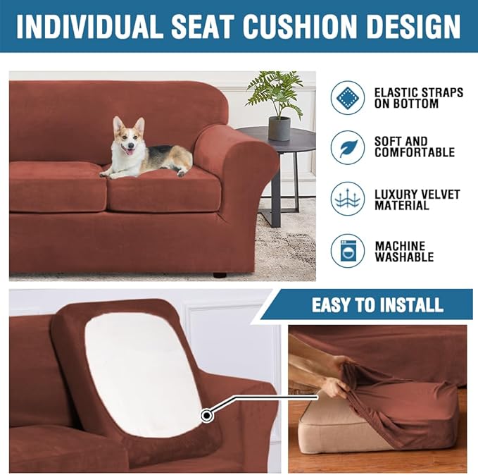 H.VERSAILTEX Modern Velvet Plush 4 Piece High Stretch Sofa Slipcover Sofa Cover Furniture Protector Form Fit Luxury Thick Velvet Sofa Cover for 3 Cushion Couch, Machine Washable (Sofa, Rust - Image 6