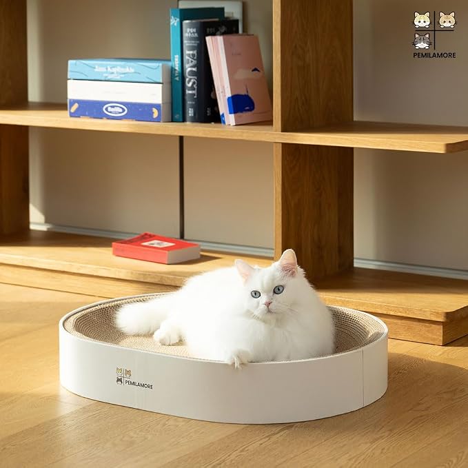 Extra Large Oval Cat Scratcher Lounge Bed - Heavy Duty Double-Sided Cardboard Scratching Pad, Modern White Cat Furniture & Sofa for Large Indoor Cats - Image 9