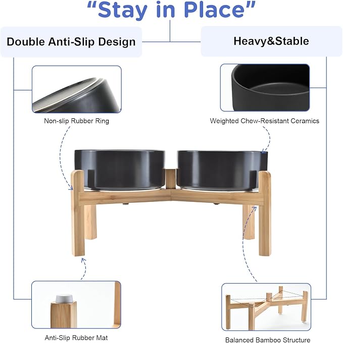 SPUNKYJUNKY Elevated Dog Bowls Ceramic, 7.3'' Dogs Food Water Bowls Raised with Non-Slip Bamboo Stand for Medium to Large Sized Breed Microwave Dishwasher Safe - 42 OZ,Black - Image 4