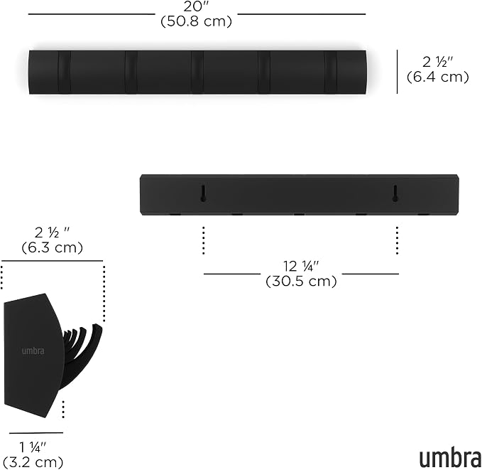 Umbra Flip Coat Rack, Wall Mounted 5-Hook Space Saving, Black/Black | Real wood and steel build, retractable hooks fold flat, holds coats bags and scarves, easy install - Image 3
