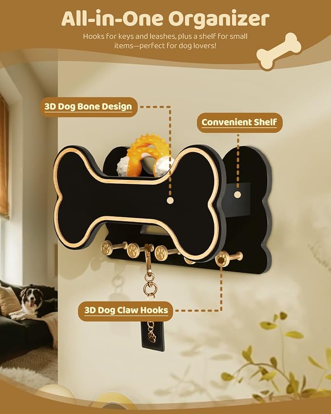 MTERSN Decorative Dog Leash Holder for Wall - Dog Stuff Organizer and Doggie Bone Key Holder Wall Mount with 5 Cute 3D Puppy Paw Hooks & Storage Shelf - Apartment Essentials (Black) - Image 4