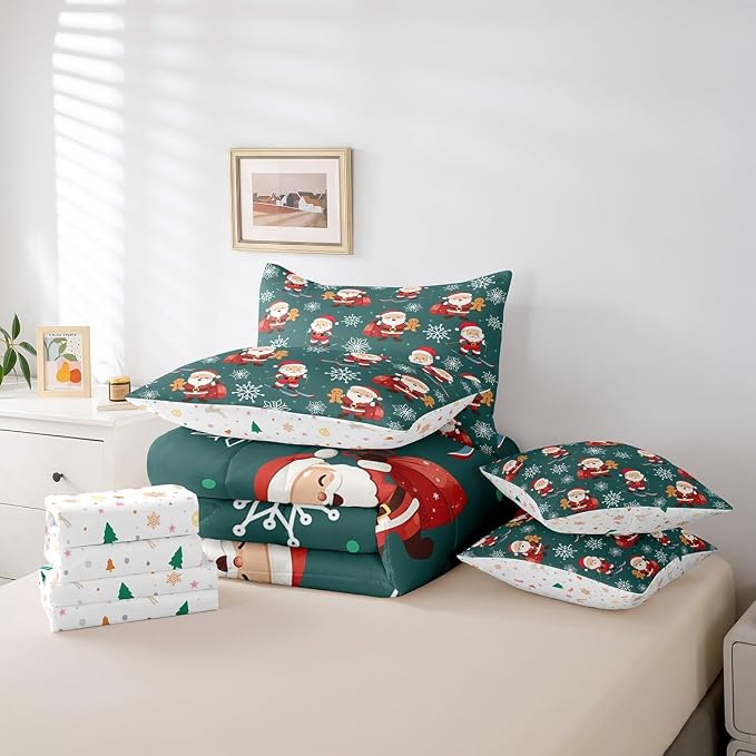 Erosebridal 7Pcs Cartoon Santa Claus Comforter Set Twin Size,Xmas Gingerbread Bedding Set,Christmas Snowboard Snowflake Bed in A Bag,Cute Christmas Ornaments Quilt with Flat Fitted Sheet - Image 6