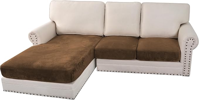 H.VERSAILTEX Velvet Stretch Sectional Couch Covers 3 Pieces Sofa Seat Cushion Covers L Shape Separate Couch Cover for Both Left/Right Sectional Couch (Large Sofa 2 Seater + 1 Chaise, Bronze Brown) by HVERSAILTEX