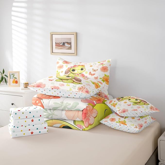 Erosebridal Cute Sea Turtle 7-Piece Bedding Set King Size, Ocean Animal Tortoise Bed in A Bag, Sakura Cherry Blossom Comforter Set with Sheets, Butterfly Bedding Comforter Sets - Image 5