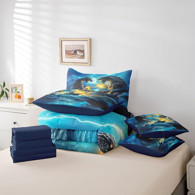 Erosebridal 7Pcs Dragon Bedding Bed in a Bag, Fierce Animal Bedroom Comforter with Sheets Twin Size 3D Animal Printed Monster Theme Comforter Set with 2 Pillowcases & 2 Throw Pillow Covers - Image 6
