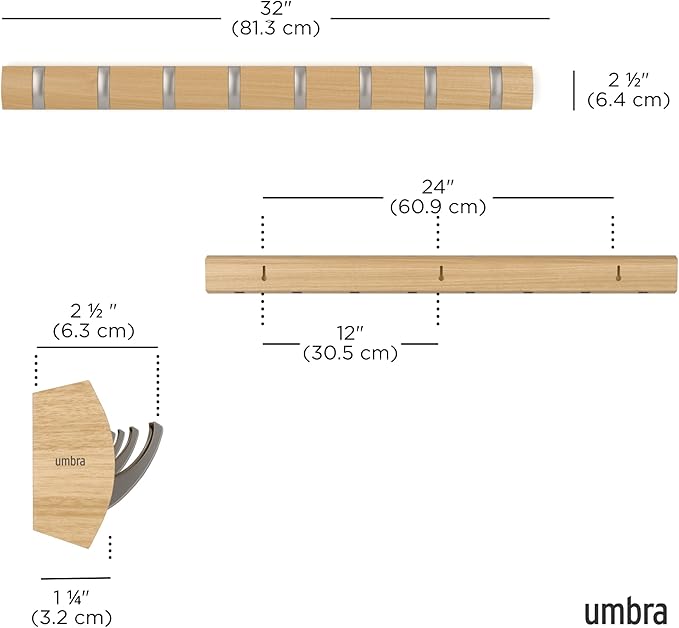 Umbra Flip Coat Rack, Wall Mount 8-Hook, Space Saving, Natural/Nickel | Real wood and steel build, retractable hooks fold flat, holds coats bags and scarves, easy install - Image 3