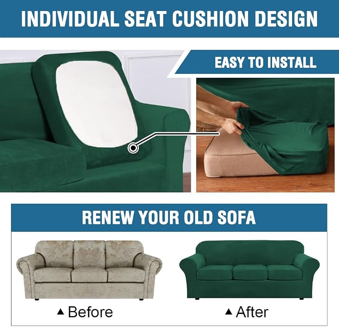 H.VERSAILTEX Modern Velvet Plush 4 Piece High Stretch Sofa Slipcover Sofa Cover Furniture Protector Form Fit Thick Velvet Sofa Cover for 3 Cushion Couch Width Up to 90 Inch (Sofa,Vintage Green) - Image 6