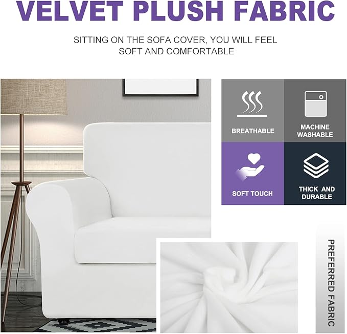 ZNSAYOTX Oversized Velvet 3 Piece Couch Cover with 2 Extra Large Seat Cushion Covers Stretch Sofa Cover for 2 Cushion Couch Thick Loveseat Sofa Slipcover for Living Room (White), 72"-92"(2 Cushions) - Image 3