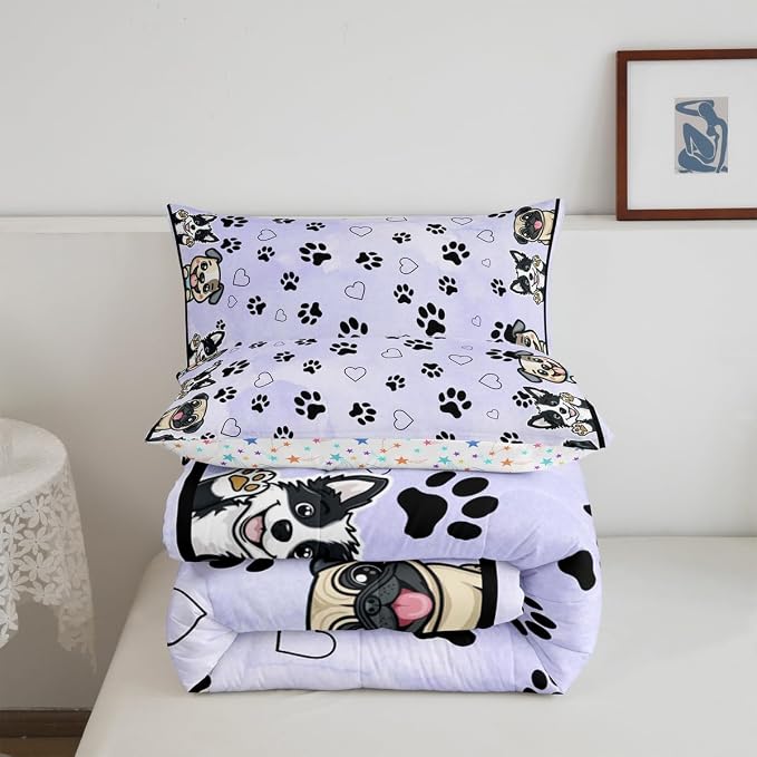 Manfei Cute Dog Paw Kids Comforter Set,Cartoon Puppy Pet Animal Lover Purple Bedding Set All Season,Kawaii Dogs Footprint Love Hearts Comforter 2 Pcs with 1 Pillowcase,Twin Size - Image 5