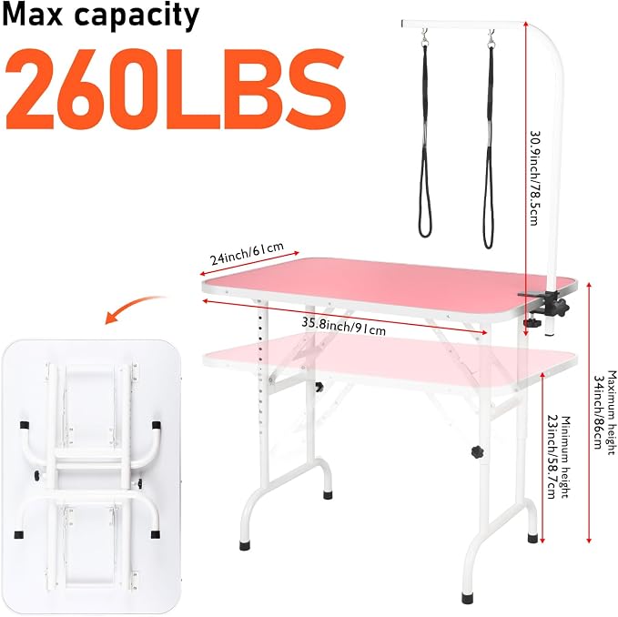 LEIBOU 36-inch Height Adjustable(23''~33.8'') and Foldable Pet Dog Grooming Table with Grooming Arm & 2 Noose for Dog Cat Pet Grooming Maximum Capacity Up to 260lbs - Image 2