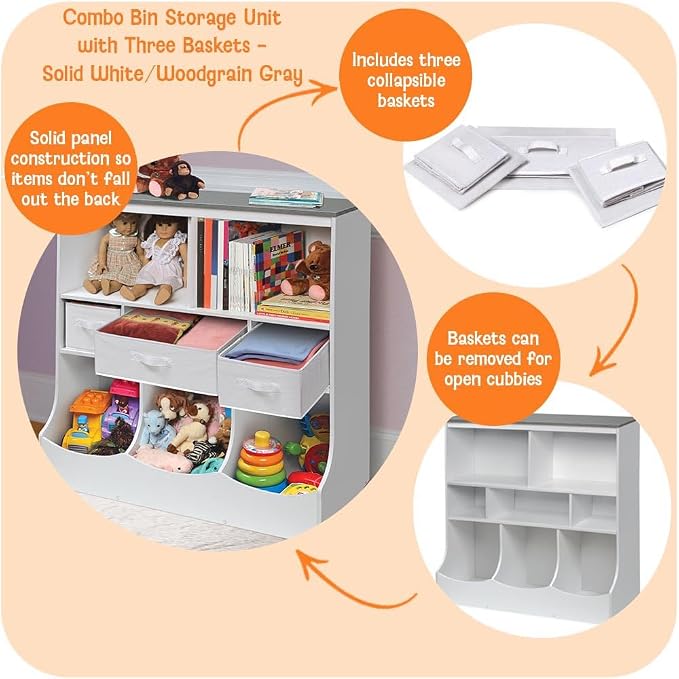 Badger Basket Combo Toy Storage Organizer and Bookshelf - Kids Storage Unit with 3 Removable Baskets, Open Shelves, Top Display Surface - White/Gray - Image 2