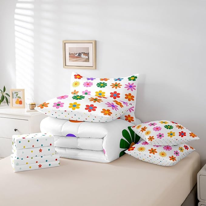 Feelyou Cute Flower 7 Piece Bedding Set Twin Size Colorful Flower Comforter Set with Sheets for Kids Boys Girls White Colorful Bed in a Bag Kawaii Theme Bed Set - Image 3