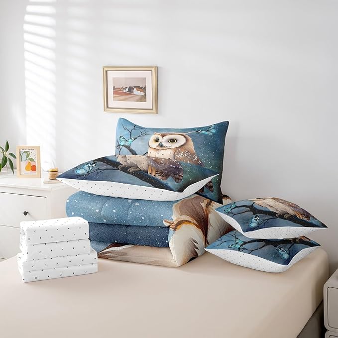 Erosebridal 7 Pcs Owl Comforter Set Twin Size, Cartoon Owl Bed in a Bag with Flat Sheet and Fitted Sheet for Kids and Adults, Watercolor Animal Style Bedding Set with Pillowcases & Shams - Image 6