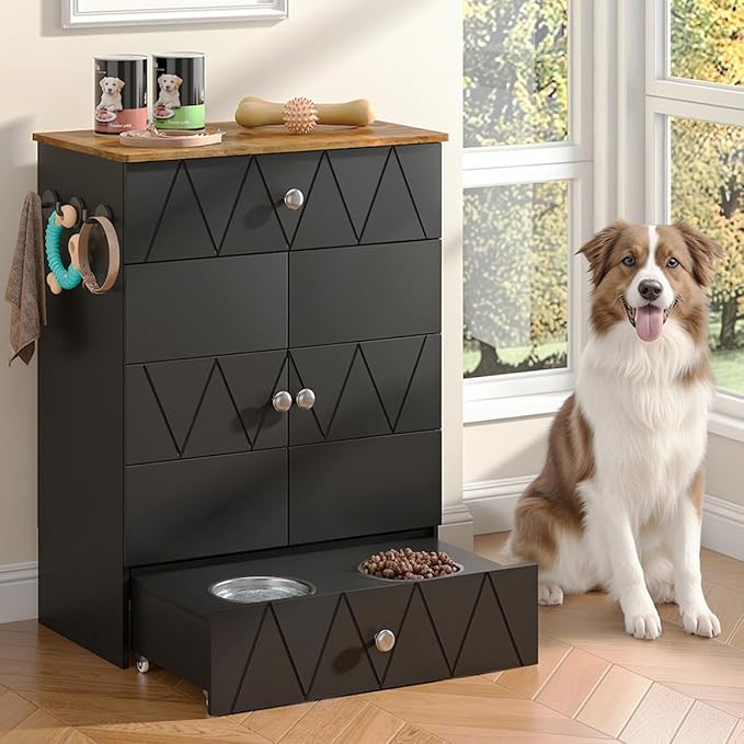 Pet Feeding Station with Storage, Raised Dog Bowls, Pet Feeder Cabinet, with Adjustable Shelves, Rolling Drawer, Hooks, for Feeding & Watering Supplies (Black) by ADVWIN
