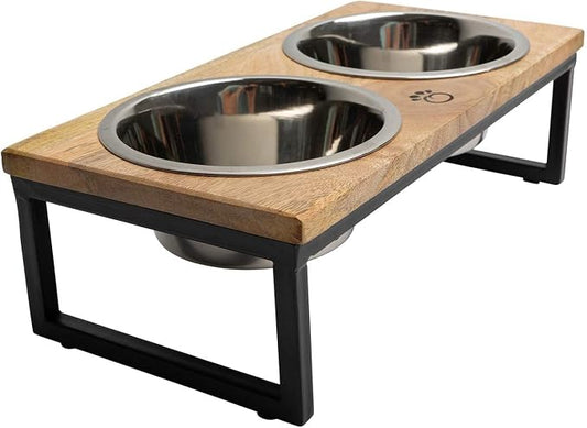 Mango Wood Dog Bowl Stand - Elevated Pet Feeder with 2 Stainless Steel Bowls - Raised Food and Water Dish Set for Dogs and Cats, Available in 4 Sizes, Pet Dining Station, Medium/24oz by GFPet
