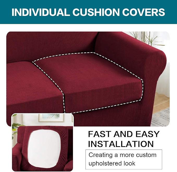 Turquoize 4 Piece Sofa Covers For 3 Cushion Couch Sofa Slipcover Soft Couch Cover For Dogs-Washable Sofa Furniture Covers With 3 Individual Large Cushion Covers Feature Thick Fabric(XL Sofa, Burgundy) - Image 5