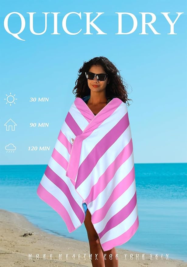 Yongoes 2 Pack Microfiber Beach Towels Oversized 71x32 Blue Pink Striped | Thin & Lightweight, Sand Free, Super Absorbent Quick Dry Large for Pool Swim Bath Travel Vacation Accessories Essentials - Image 6
