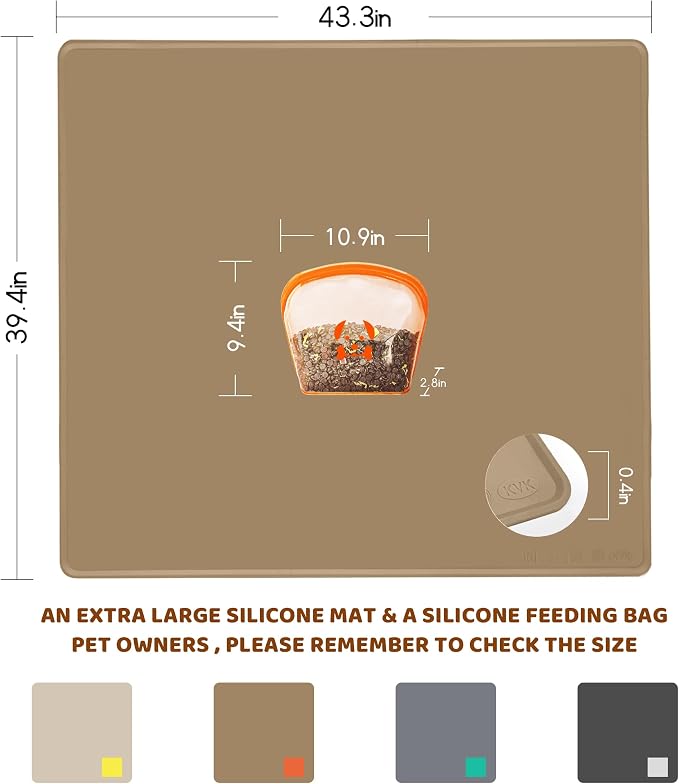 KVK Extra Extra Large Silicone Dog Food Mat 39.4×43.3in and 128oz Silicone Bag Set, Super Size Waterproof Pet Feeding Mat & Container, Non-Slip, Chew-Resistant Floor Protection (Taupe&Orange) - Image 2