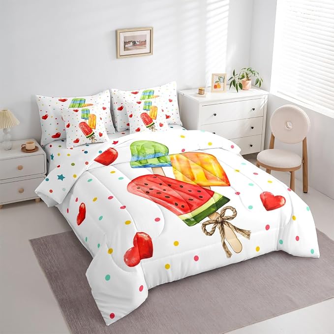 Erosebridal Colorful Polka Dots Bed in A Bag King, Summer Ice Cream and Popsicle Comforter Set with Sheets, Love Heart 7 Pcs Bedding Set, Summer Decor Bed Sets for Kids Boys Girls Teens Bedroom - Image 2