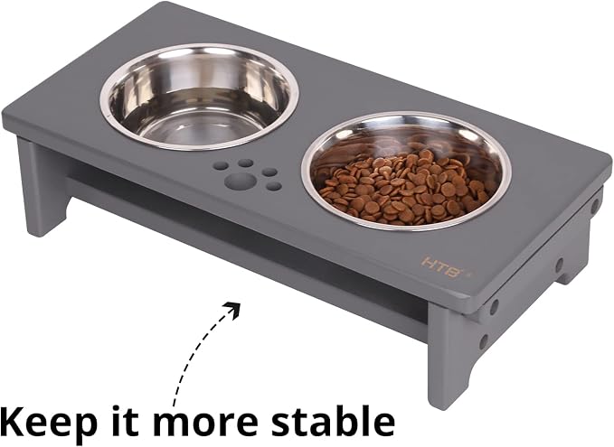 HTB Elevated Dog Bowl Stand with 2 Stainless Steel Bowls-4" H Small Grey | Raised Dog Bowl Stand, 4"tall, 21 Oz Bowls, for Small Sized Dogs, Pet-safe, Solid Bamboo - Image 4