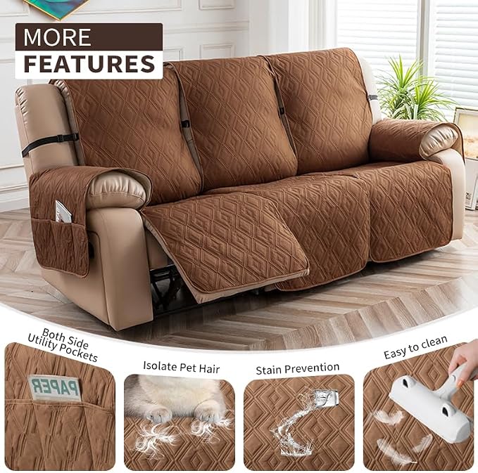 Genina Waterproof Recliner Cover - Non-Slip, Washable, Protects 3-Seater Couch from Pets & Kids (Brown, Recliner Sofa) - Image 3
