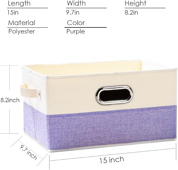 PRANDOM Large Fodable Storage Bins for Closet [3-pack] Decorative Fabric Storage Baskets Cubes with Leather/Metal Handles for Shelves Bedroom Living Room Purple&Cream (14.9x9.8x8.3 Inch) - Image 4
