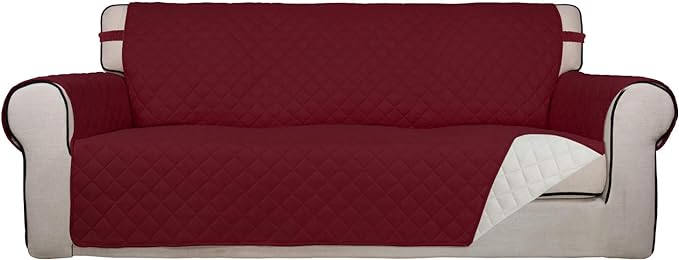 PureFit Reversible Quilted Sofa Cover Dog Couch Covers for Sofa, 66 in | Red/Ivory, Water Resistant Couch Protector, Washable Pet Couch Cover with Non Slip and Elastic Straps For Kids by PureFit