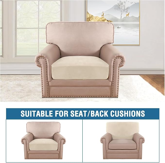 H.VERSAILTEX Velvet Stretch Couch Cushion Cover Plush Cushion Slipcover for Chair Cushion Furniture Protector Seat Cushion Sofa Cover (1 Piece Armchair Cushion Covers, Cream) - Image 3