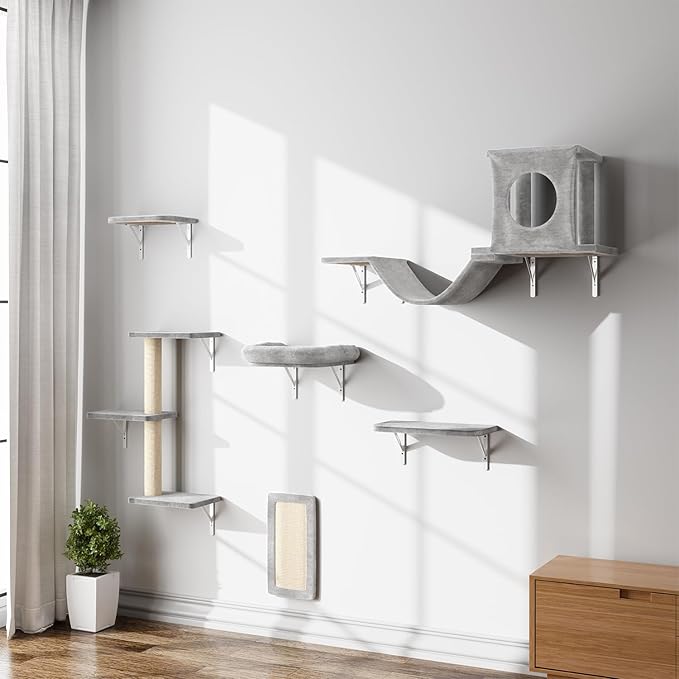 NUNU LAB Cat Wall Shelves, 6 Pcs Luxury Wall-Mounted Cat Climber Set, Indoor Cat Furniture with 1 Condos House, 2 Cat Wall Shelves, 1 Scratching, 1 Bridge Ladder, 1 Scratching Pad, Light Grey by NUNULAB