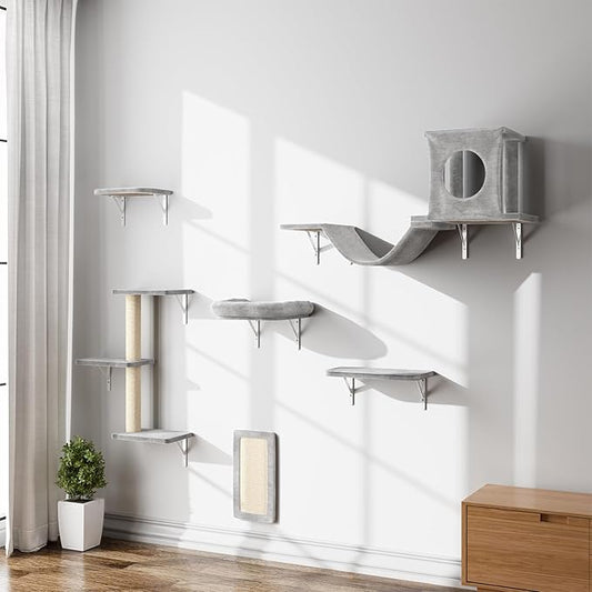 NUNU LAB Cat Wall Shelves, 6 Pcs Luxury Wall-Mounted Cat Climber Set, Indoor Cat Furniture with 1 Condos House, 2 Cat Wall Shelves, 1 Scratching, 1 Bridge Ladder, 1 Scratching Pad, Light Grey by NUNULAB