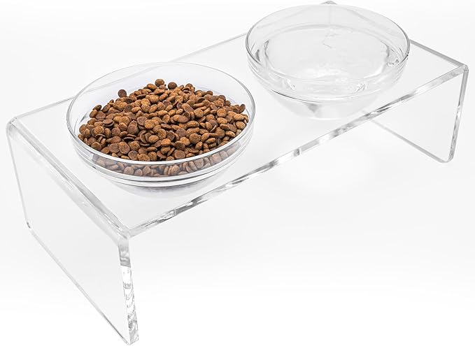 Acrylic Elevated Dog Cat Bowls Pet Feeder Double Bowl Raised Stand Comes with 2 Removable Glass Bowls and 2 Stainless Steel Bowls.Perfect for Large Dogs, 7.2" Tall by Feoyoho